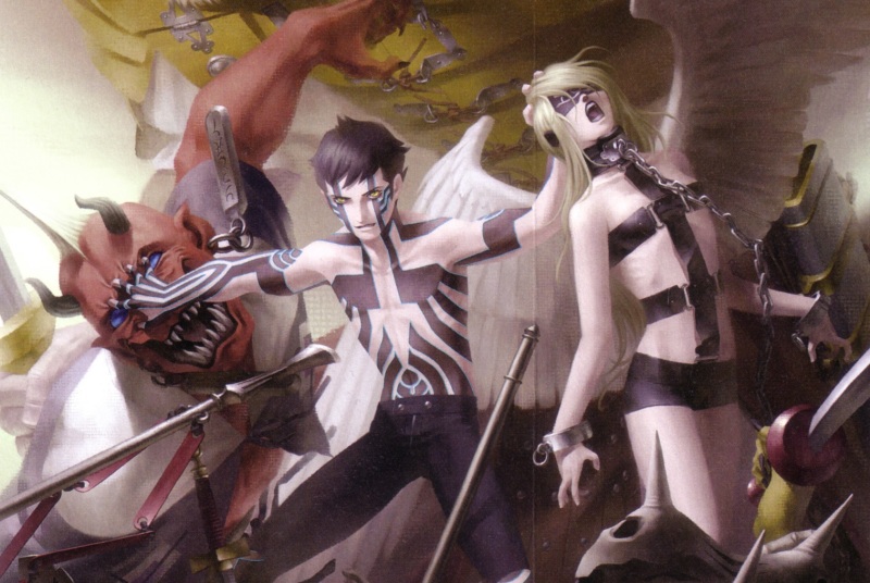 This is your protagonist in Nocturne, the guy in the middle.  Official art by Kazuma Kaneko.
